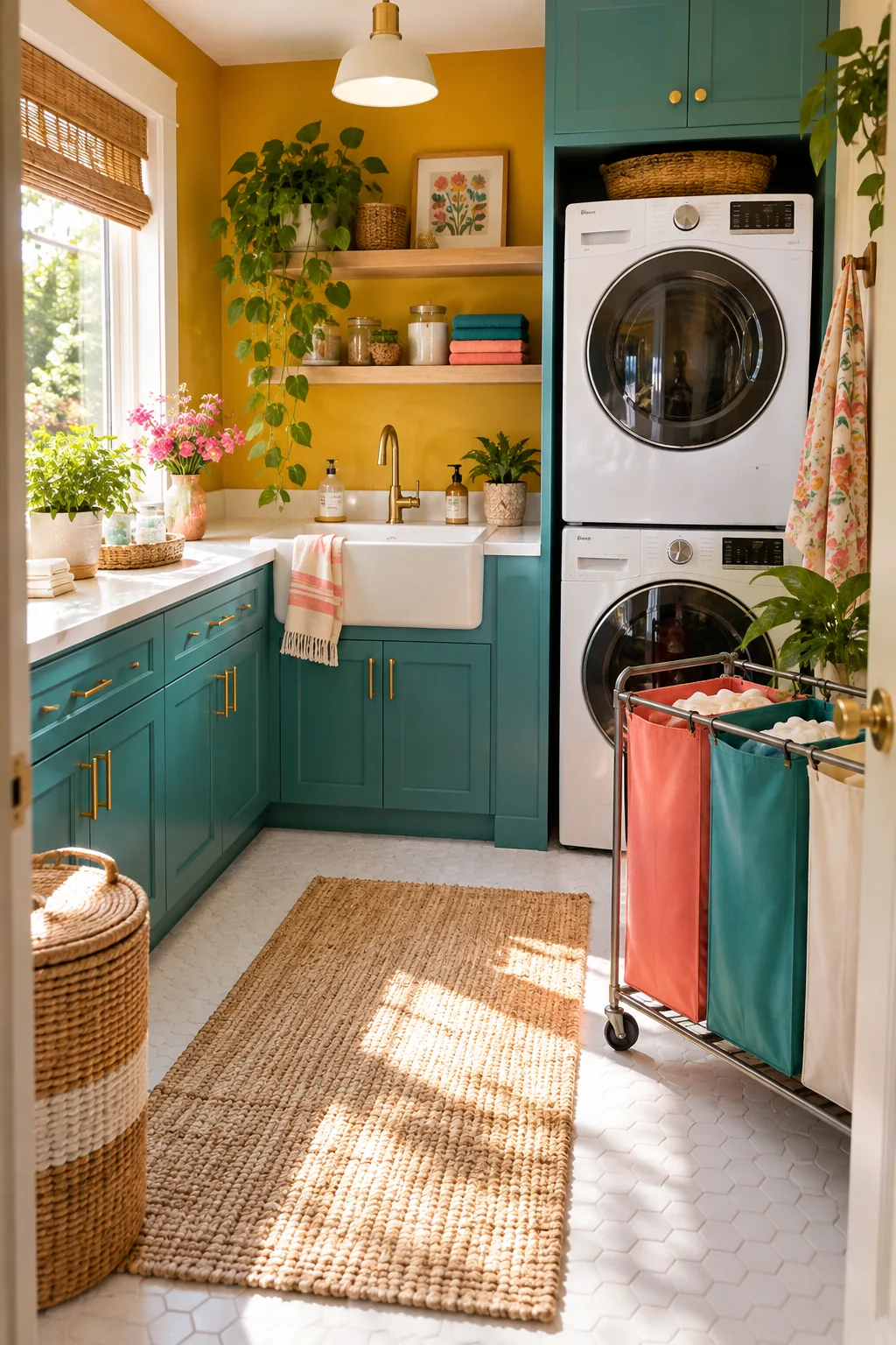 Stacked washer and dryer next to a rolling sorting cart.