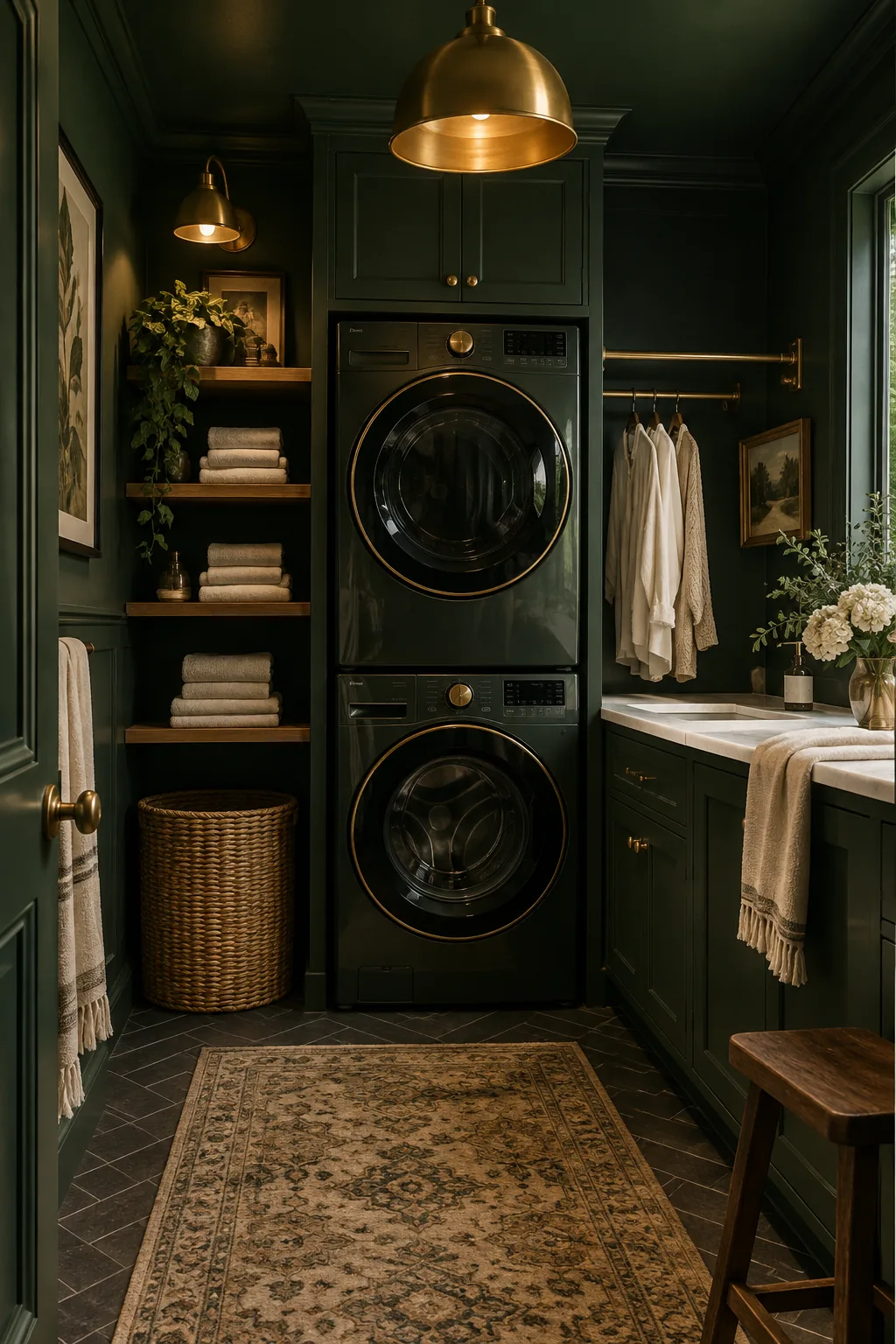 Laundry room painted entirely in dark forest green with brass lighting.