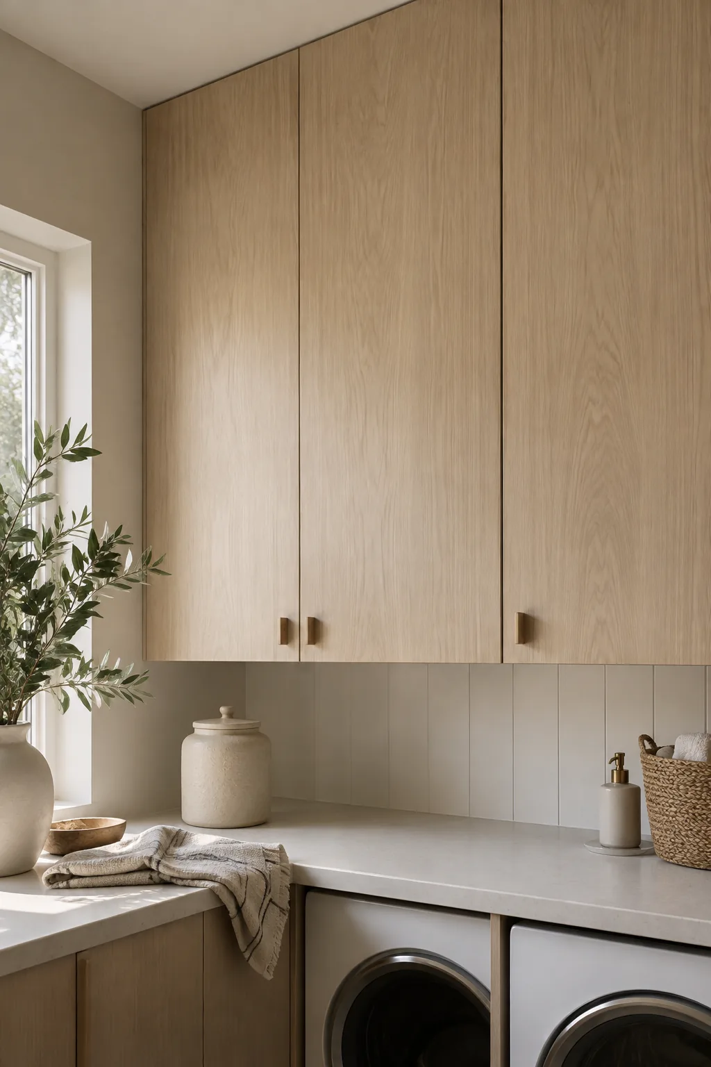 White closed upper cabinets extending to the ceiling in a laundry room.