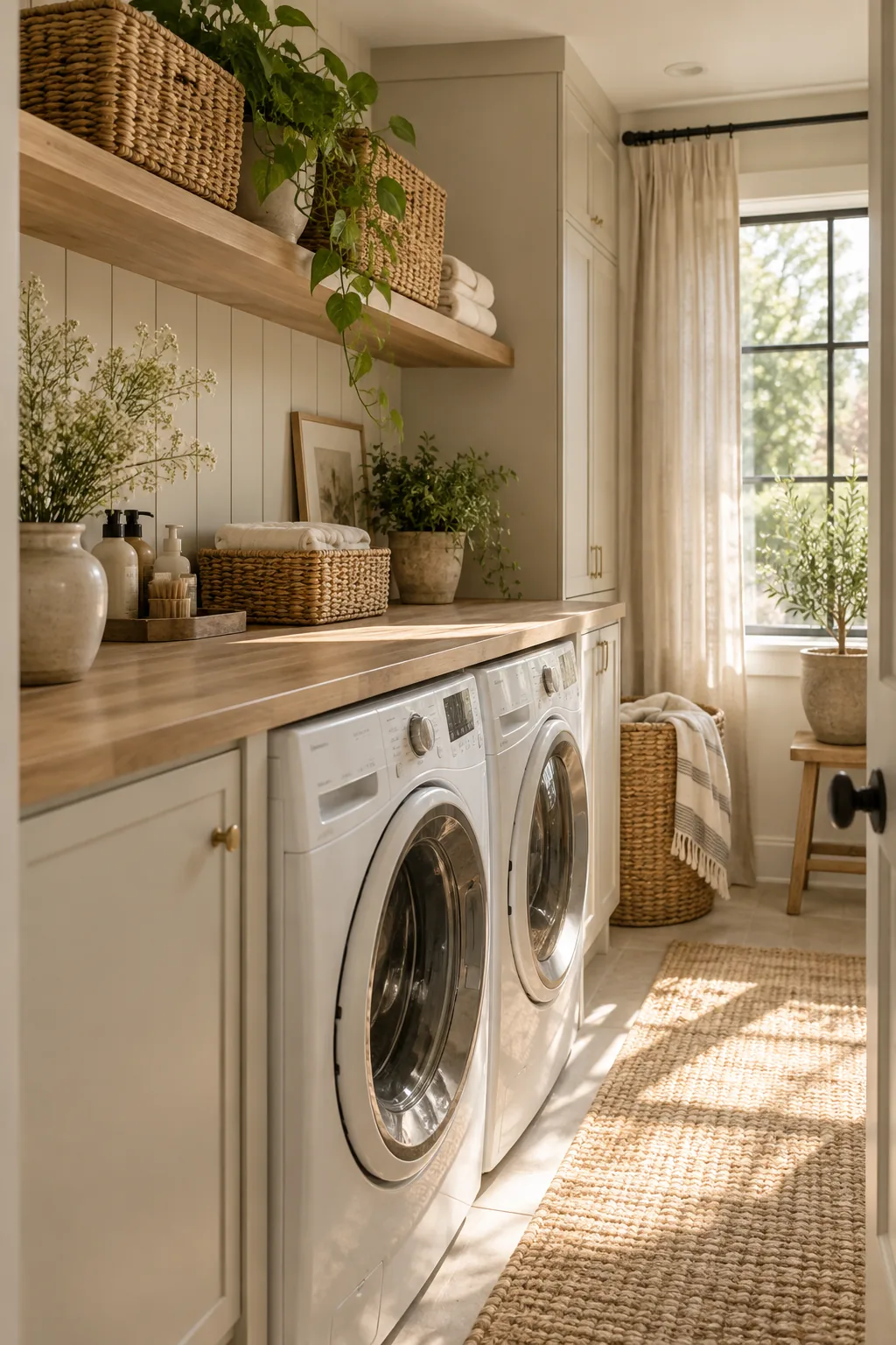 Laundry room featuring a white oak floating shelf and woven seagrass baskets.