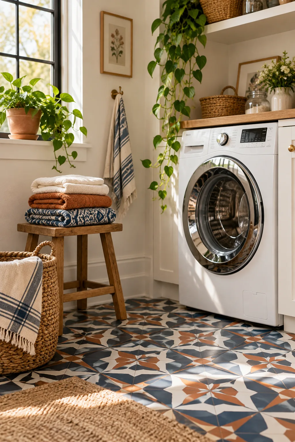 Charcoal and white geometric cement tile floor in a modern laundry room.