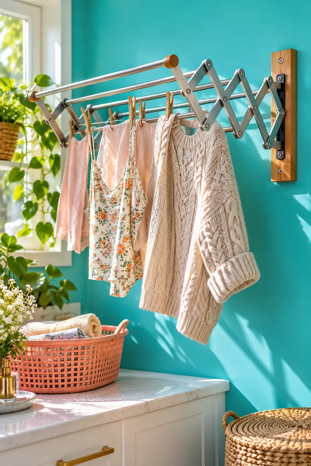 Wall-mounted retractable accordion drying rack holding sweaters.