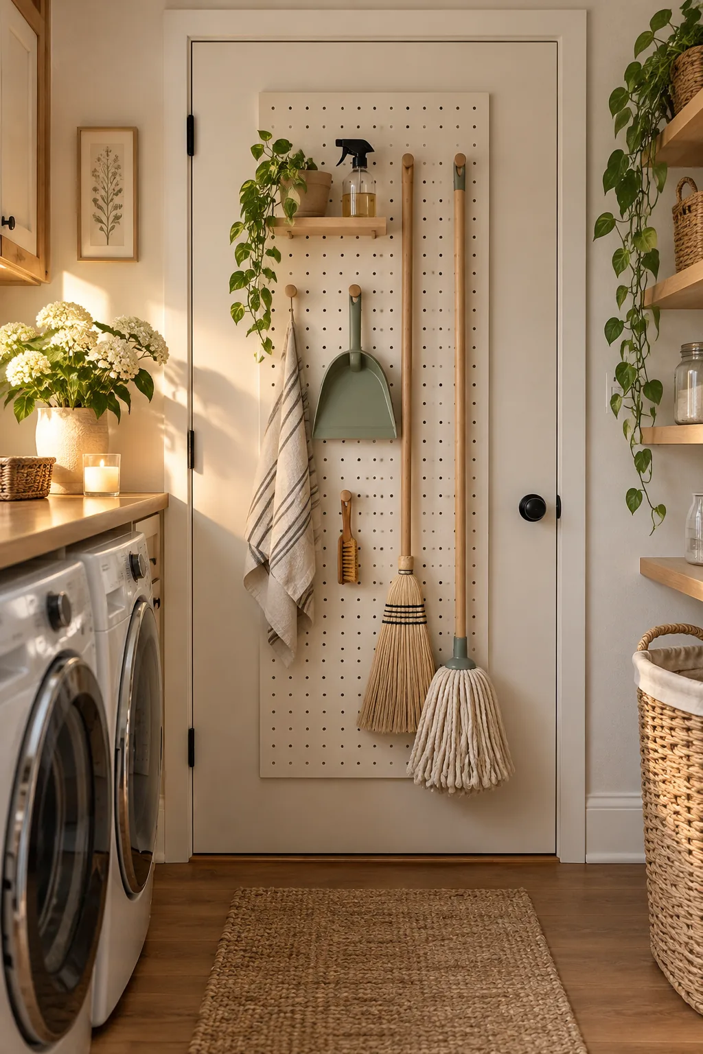 Slim utility pegboard mounted behind a laundry room door holding brooms.