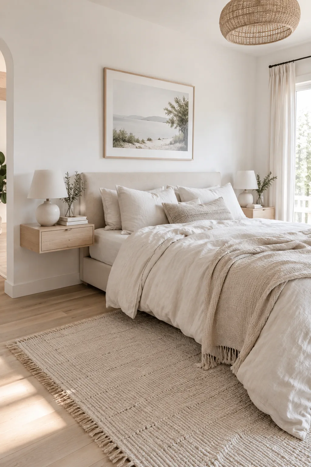 Floating wood nightstands next to a modern bed