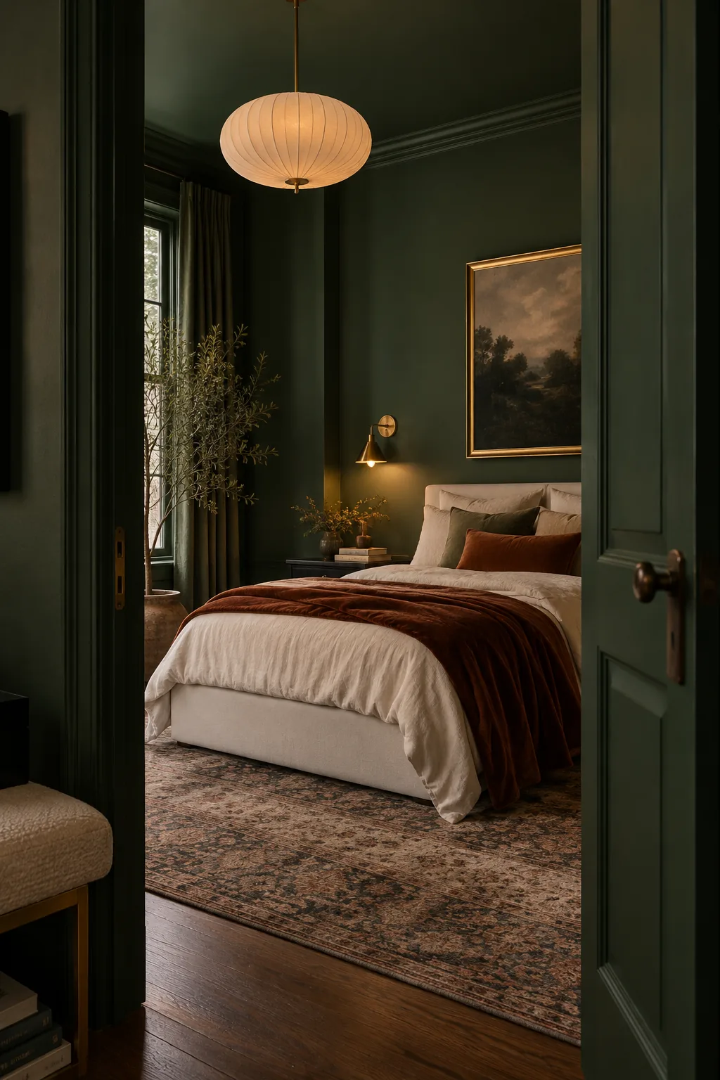 Dark charcoal bedroom with matching walls and baseboards