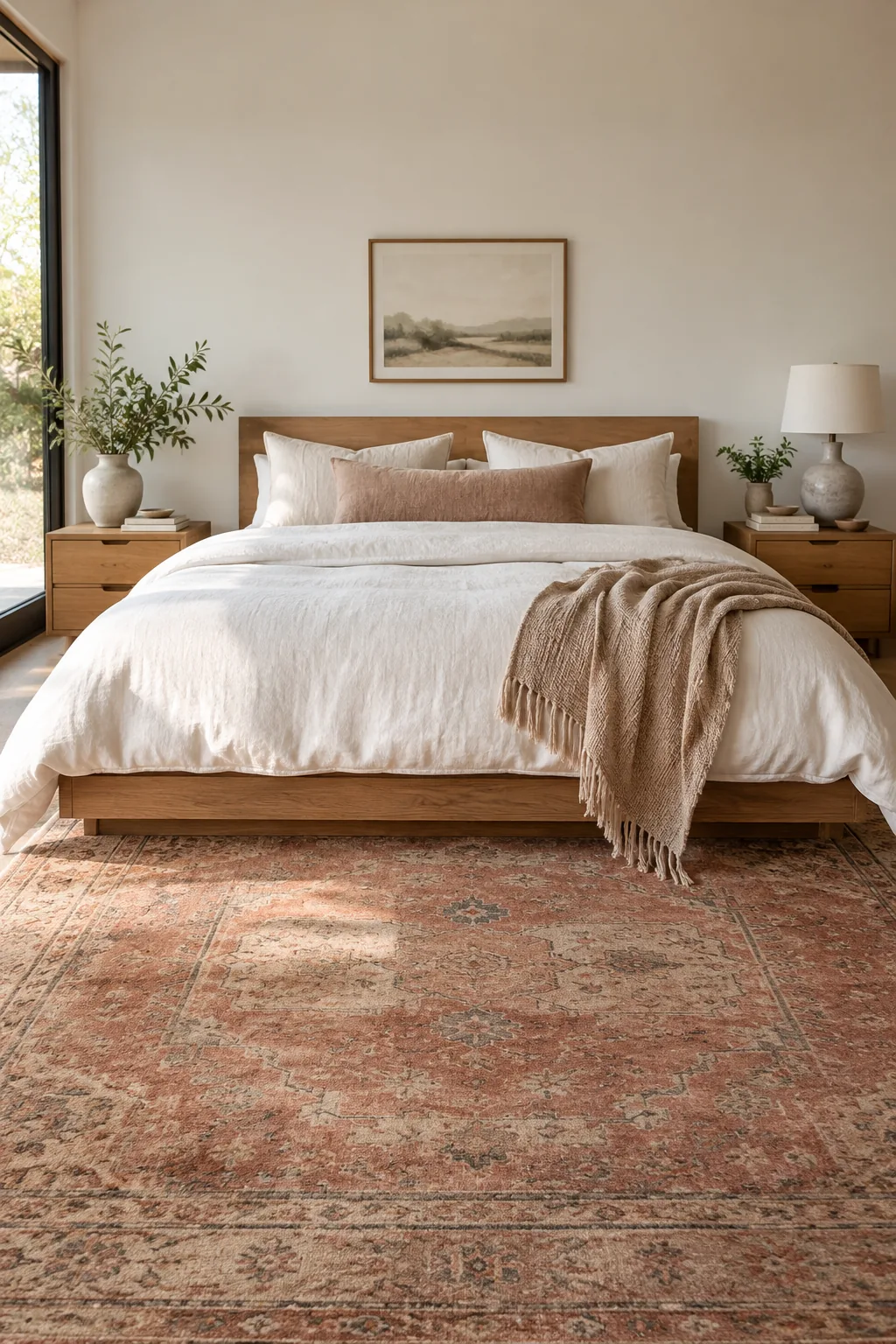 Large vintage rug under a modern king bed