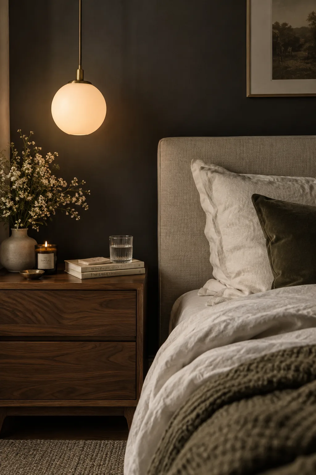 Asymmetrical bedroom lighting with one pendant and one lamp