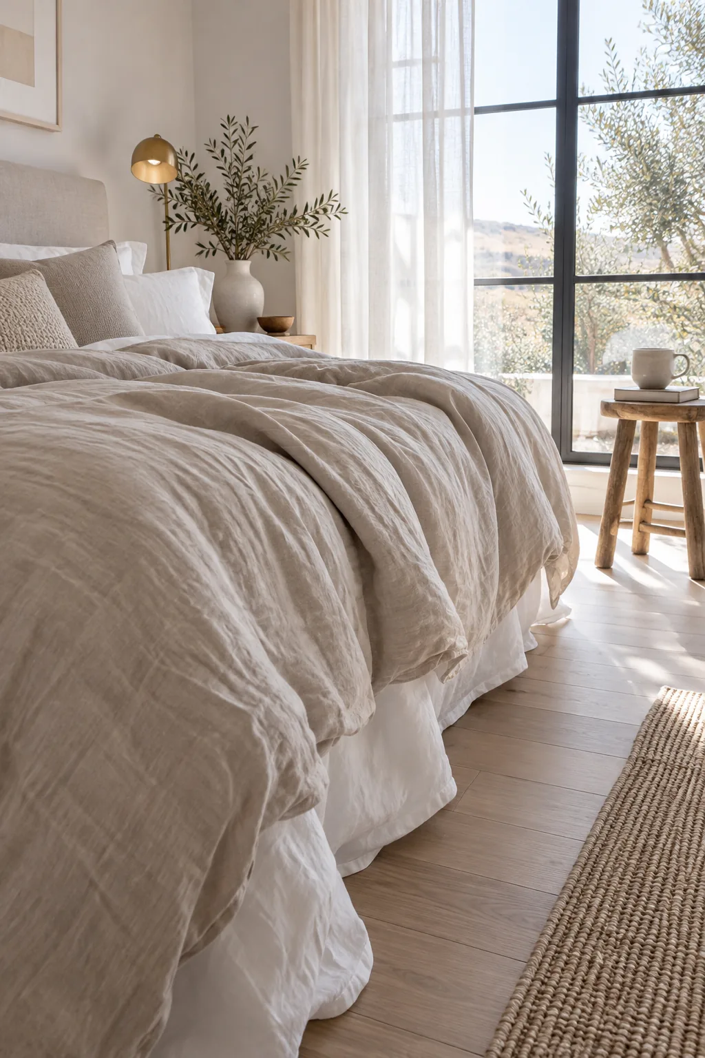 Bed layered with washed linen duvet and pillows