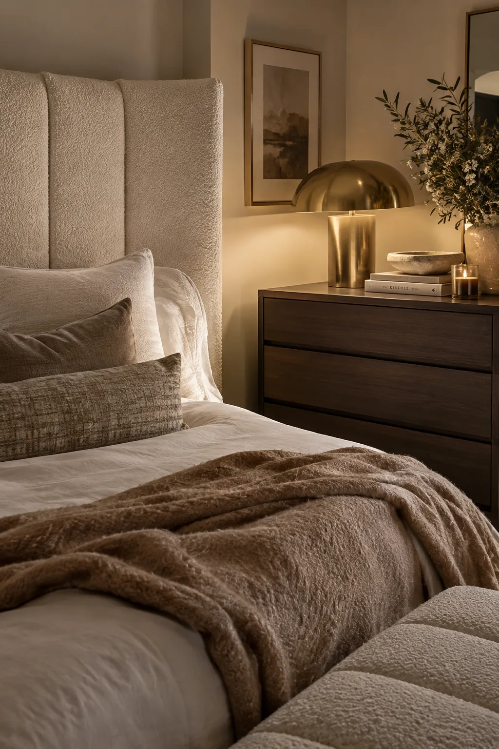 Oversized velvet headboard in a contemporary bedroom