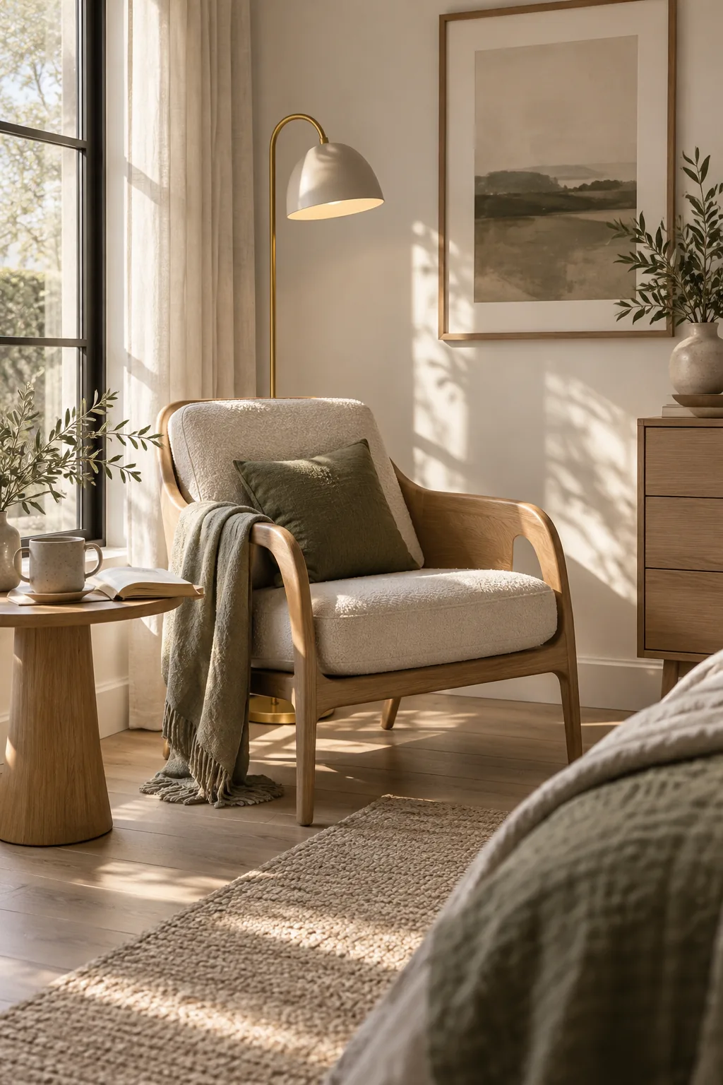 Leather sling chair and floor lamp in a bedroom corner