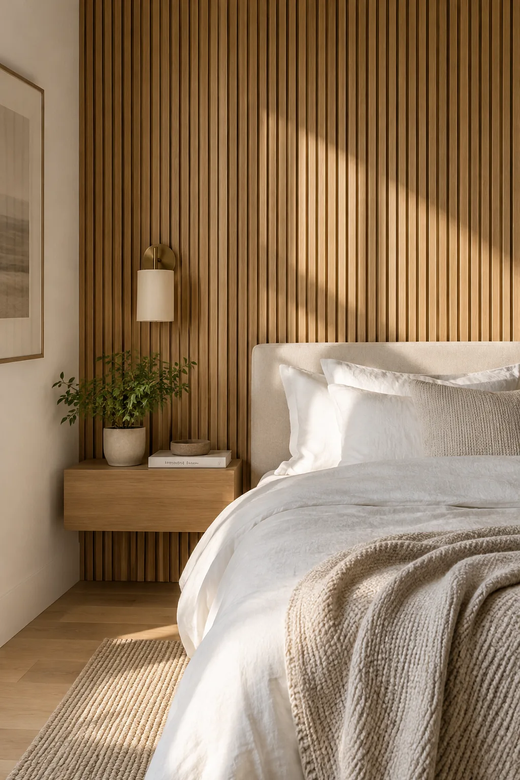 Vertical wood slat wall behind a modern bed