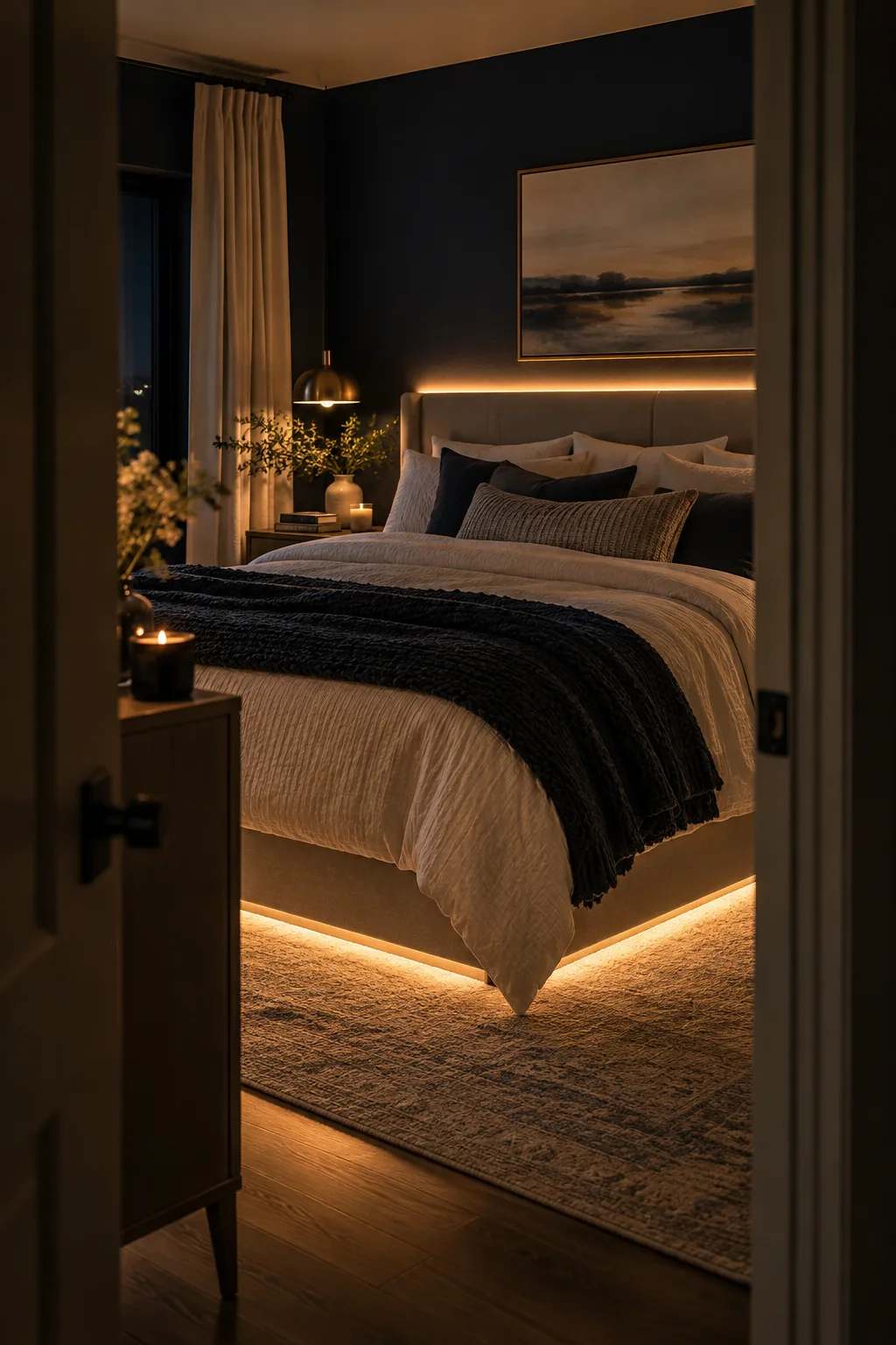 LED strip lights glowing softly behind a headboard