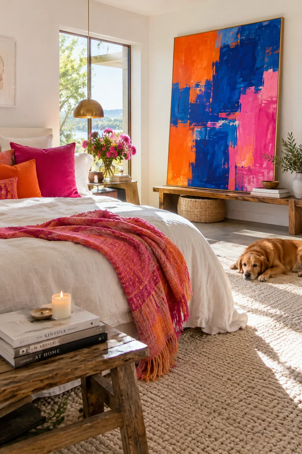 Large abstract canvas leaning on a low bedroom bench