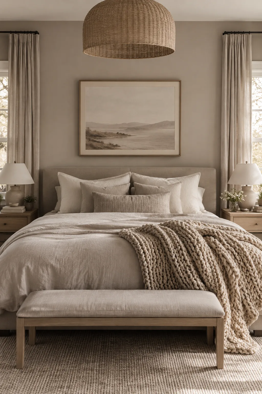 Monochromatic greige bedroom with layered textures