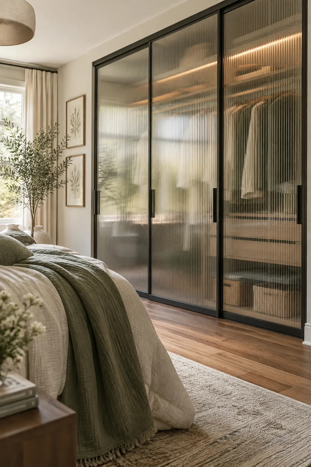 Reeded glass sliding closet doors with black frames
