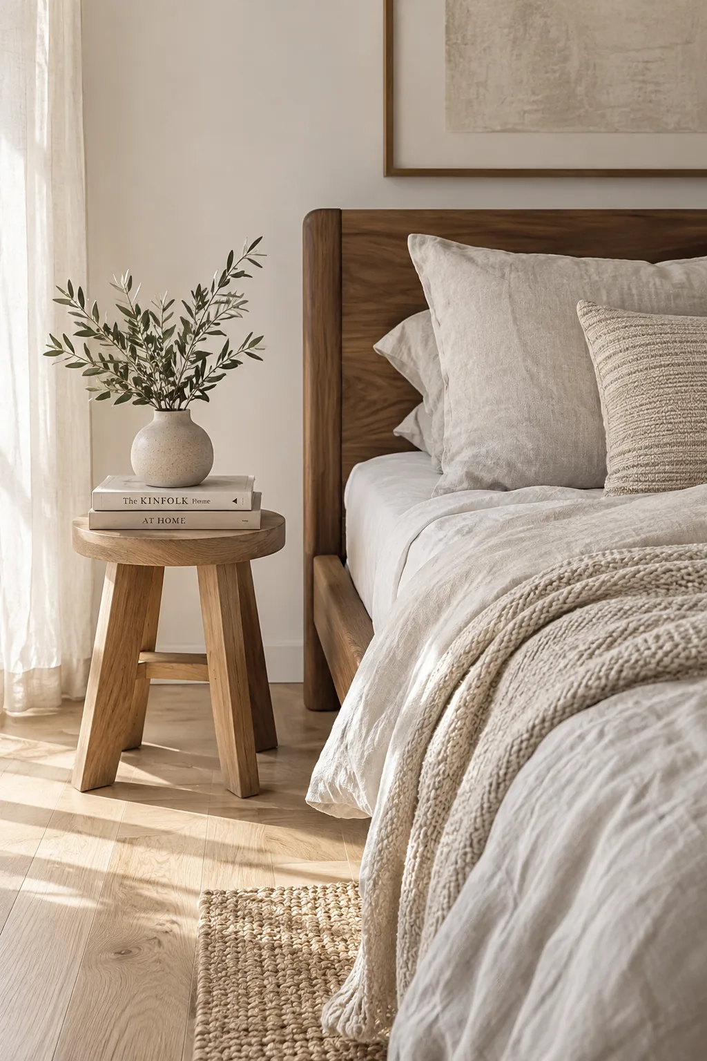 Walnut bed frame on pale white oak flooring