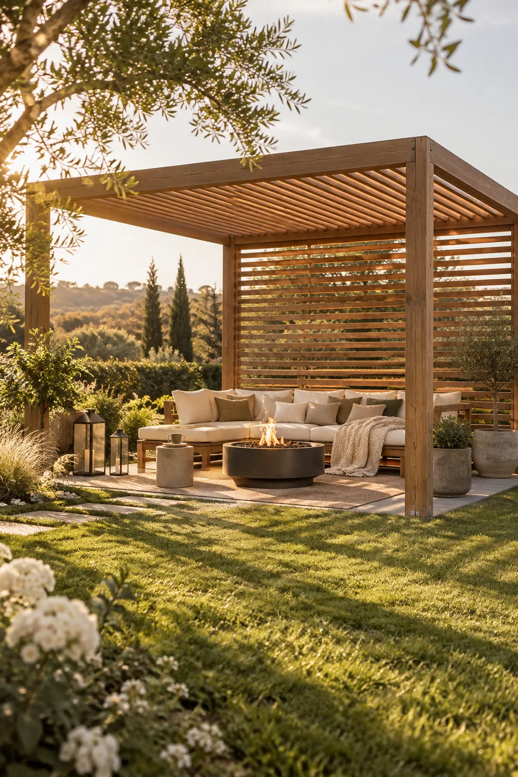 Square wooden pergola with horizontal roof slats over an outdoor sofa