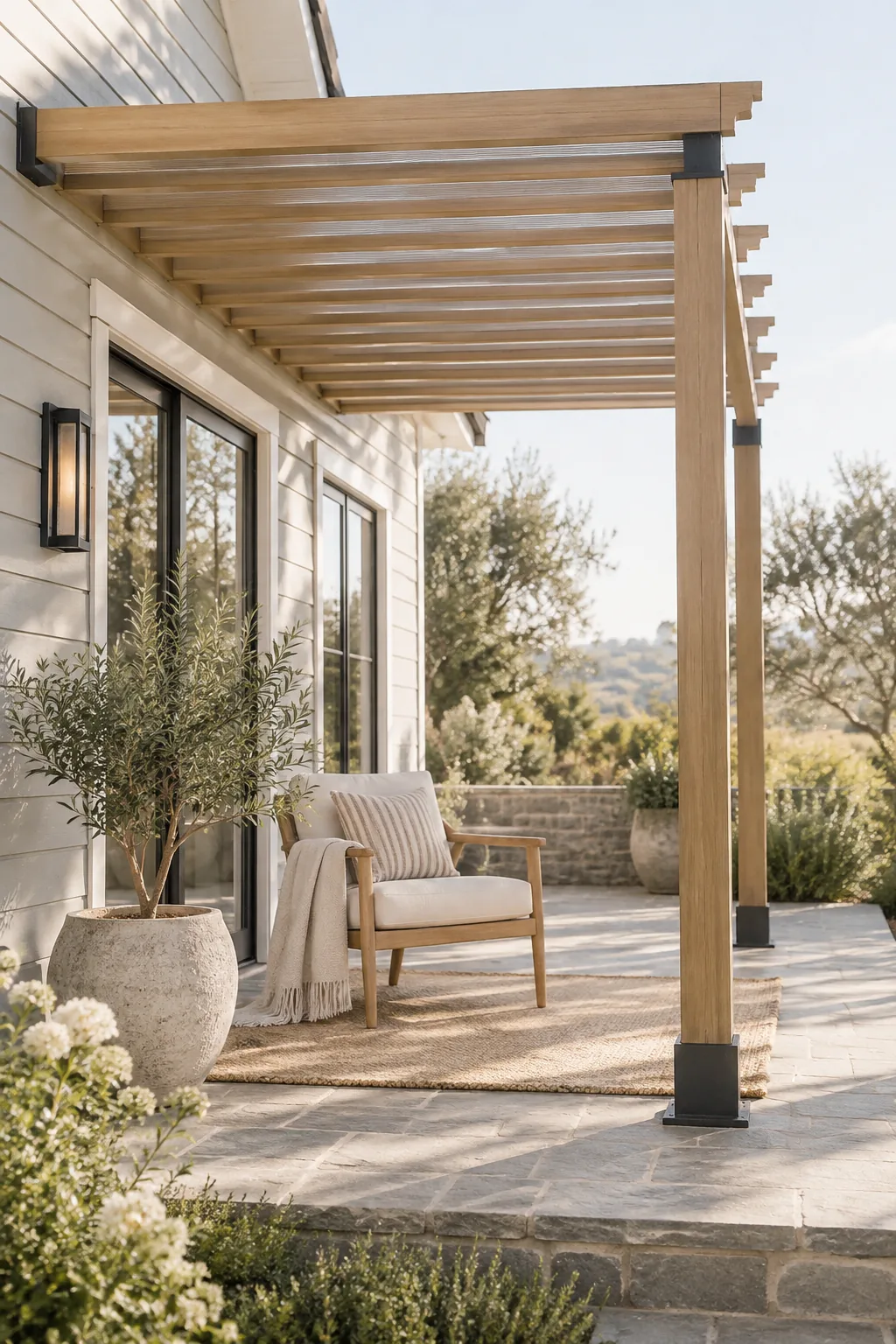 Modern lean-to pergola attached to the back of a house over a patio
