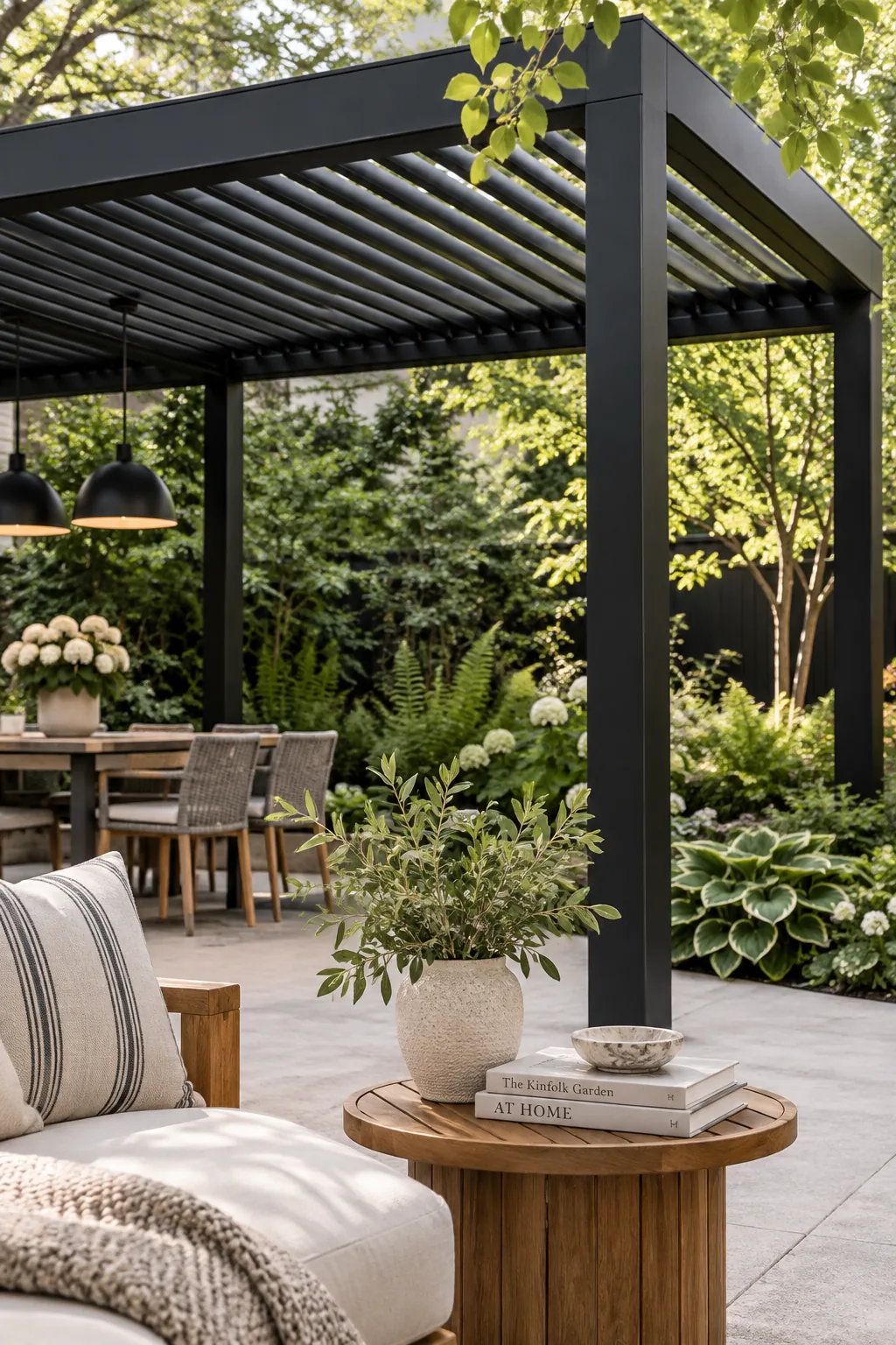 Black metal pergola surrounded by lush green garden plants