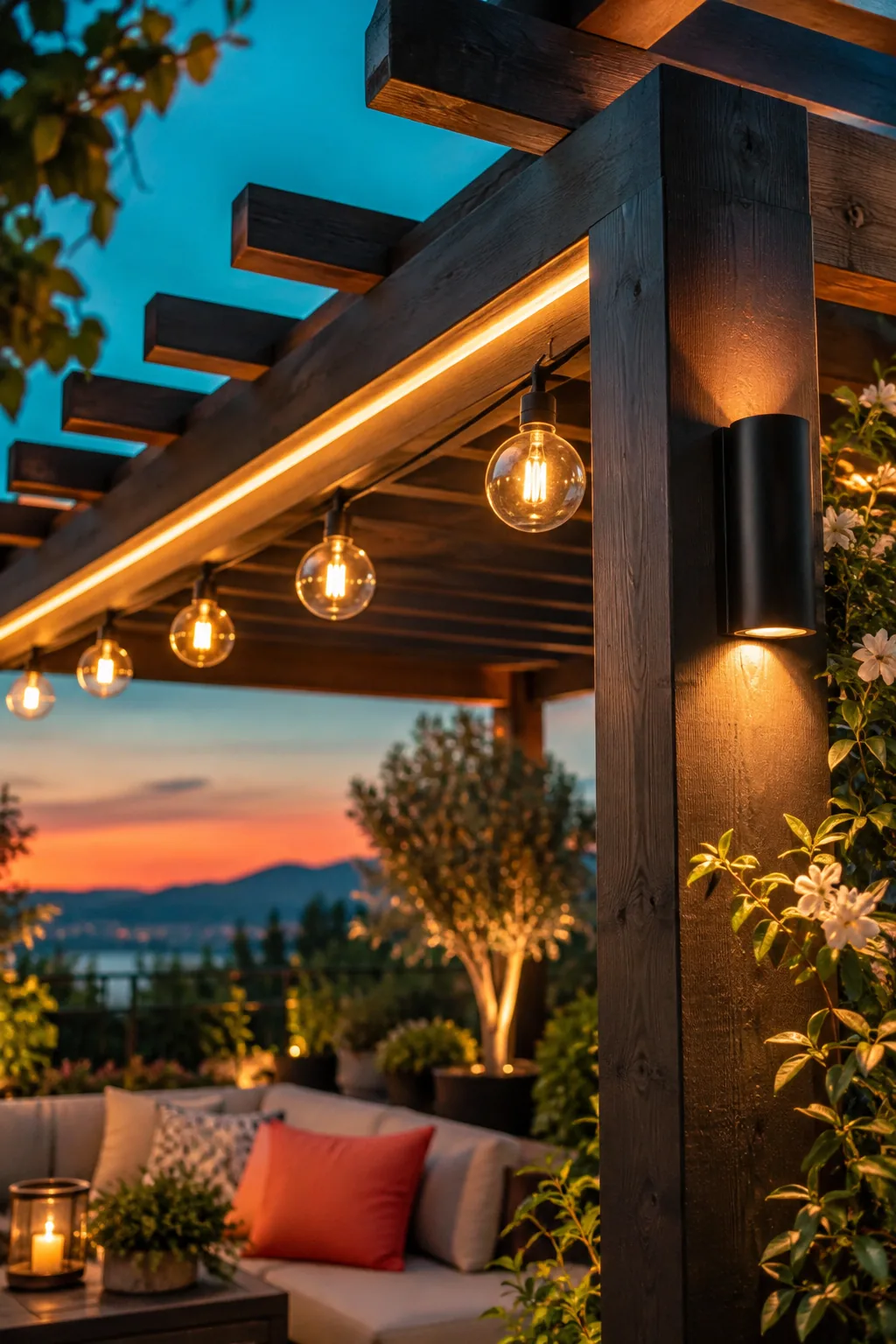 Modern pergola illuminated by integrated LED channel lights at night