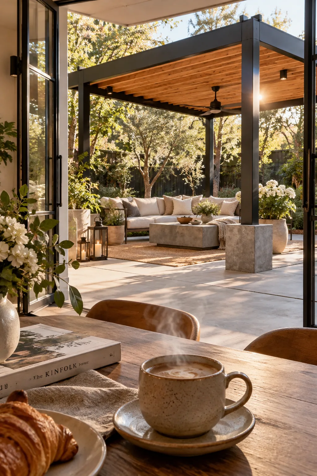 Pergola featuring a black steel frame and warm cedar wood ceiling slats