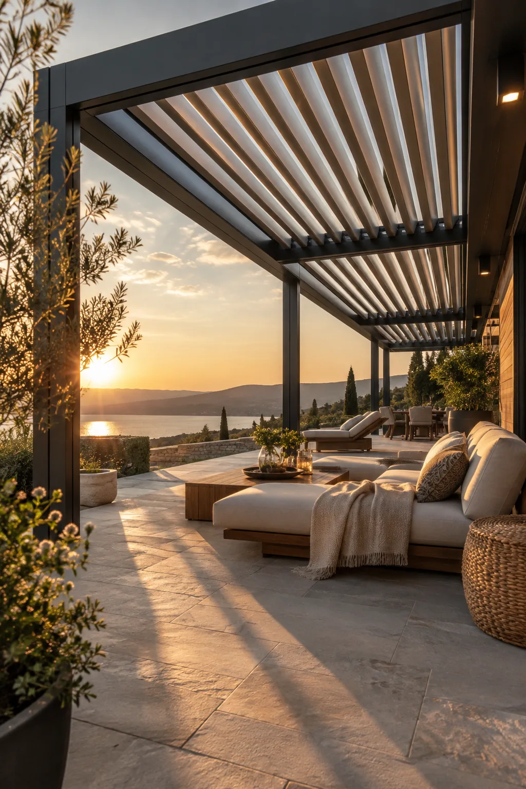 White modern pergola with a closed motorized louvered roof