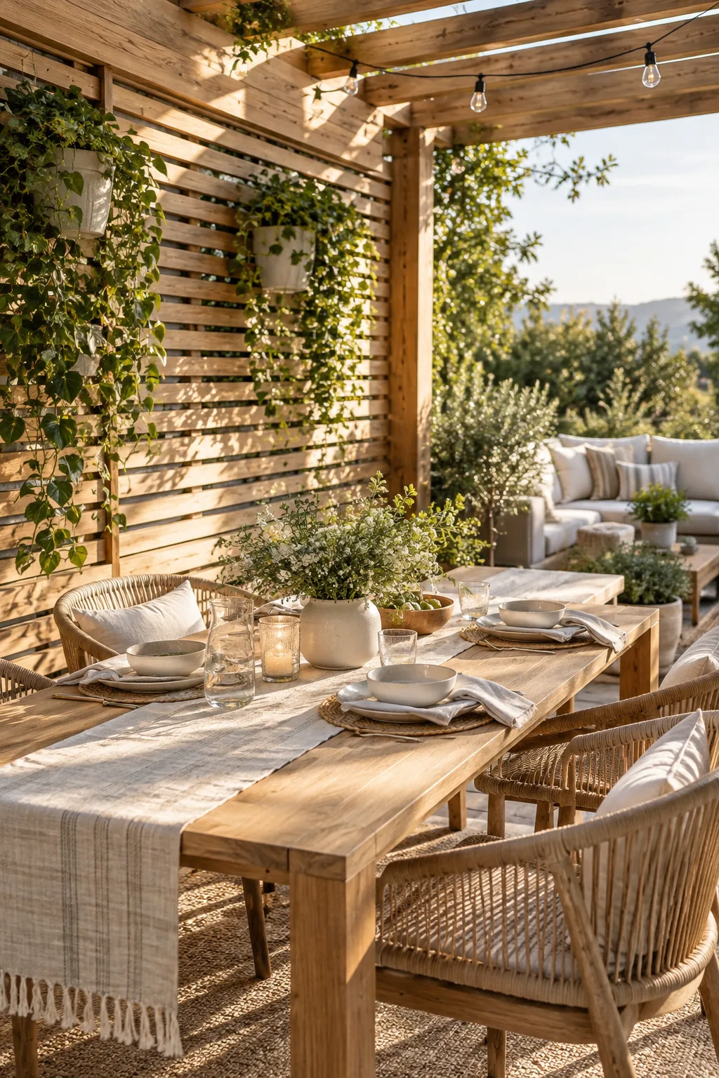 Wooden pergola featuring a horizontal slatted privacy wall on one side