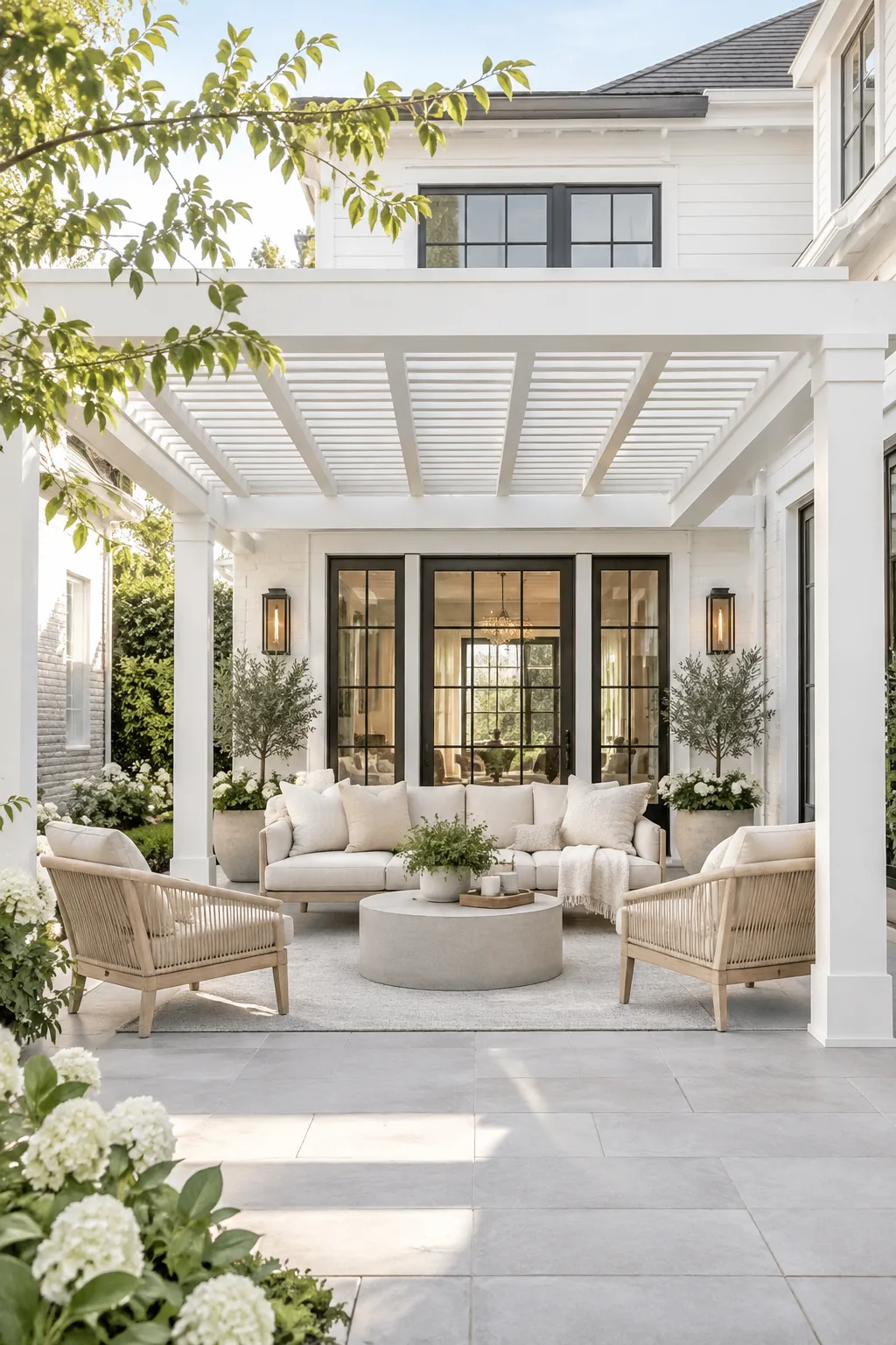 All-white wooden pergola over a patio with light gray paving stones