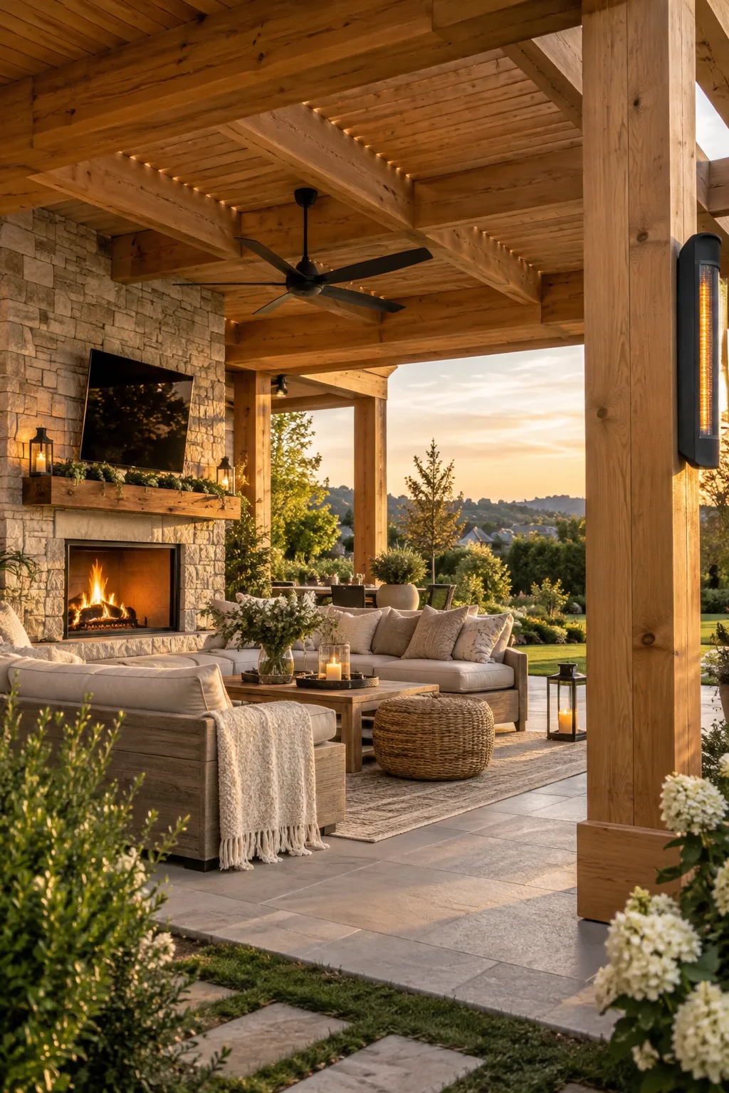 Large wooden pergola built with thick 6x6 timber posts
