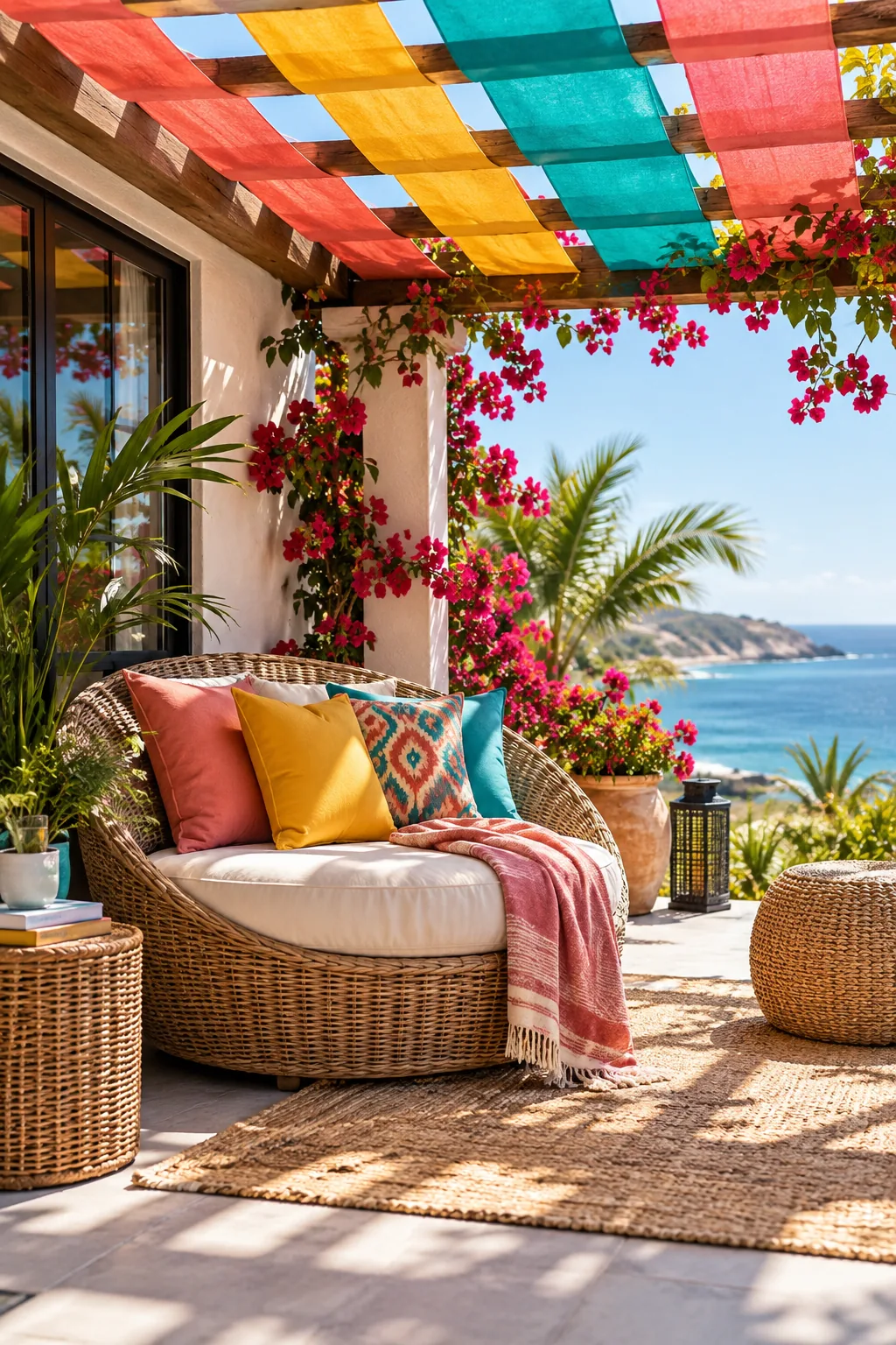 Pergola with weather-resistant canvas fabric woven through the roof rafters