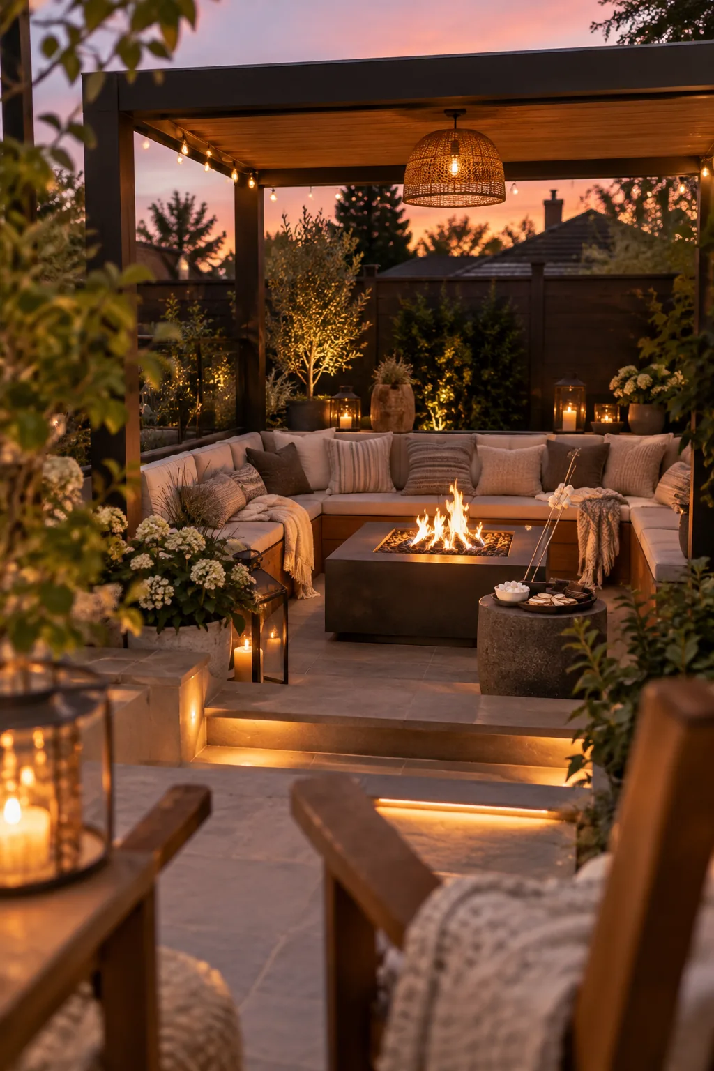 Pergola built over a sunken outdoor fire pit seating area