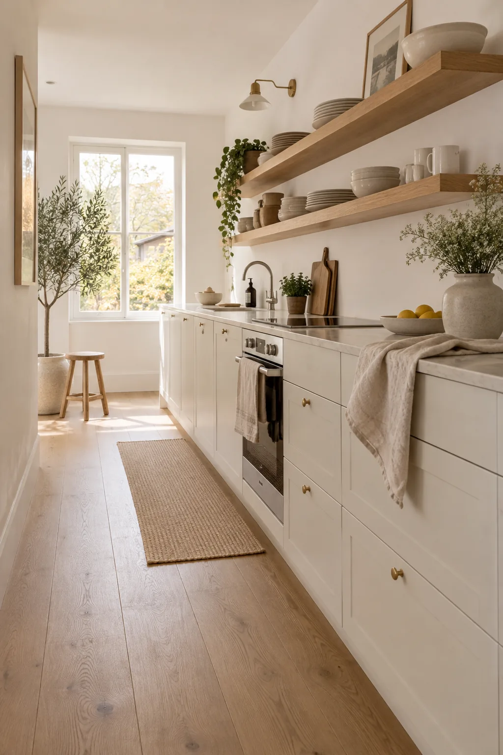 Modern small kitchen with floating wood shelves instead of upper cabinets