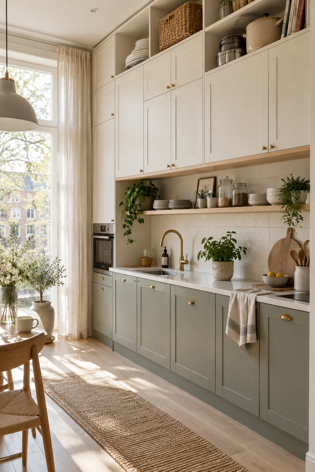 Small kitchen with white cabinets going all the way up to the ceiling