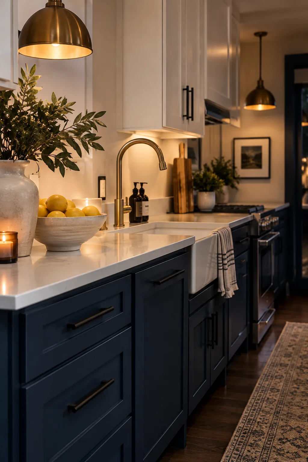 Kitchen with dark green lower cabinets and white upper cabinets
