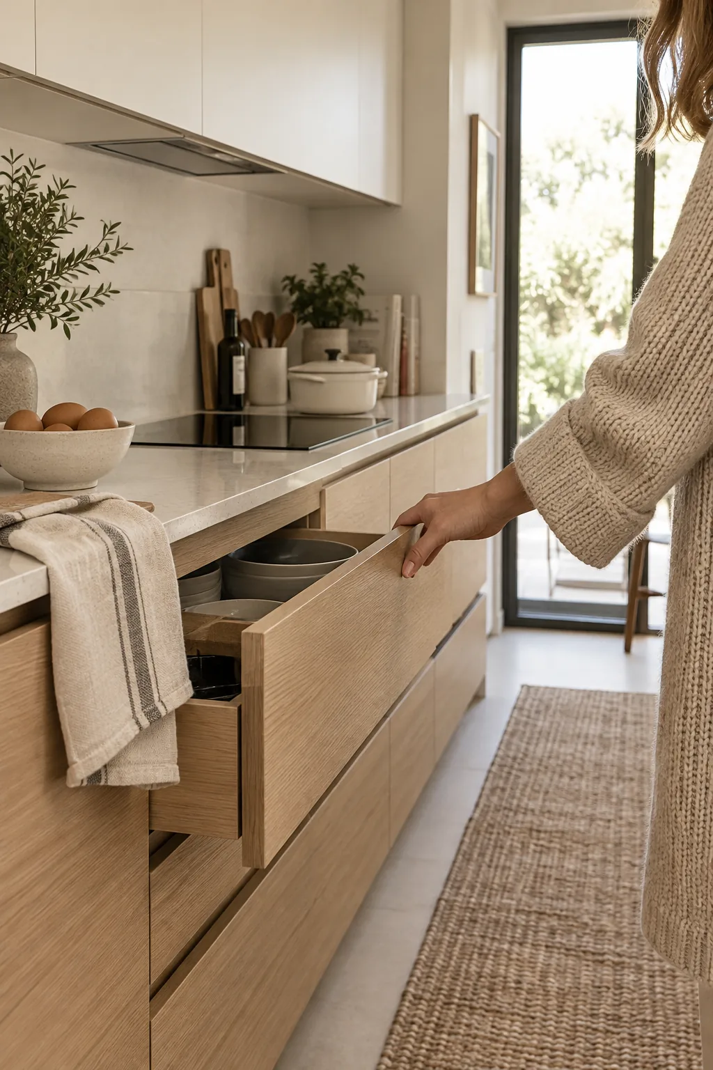 Sleek flat-panel kitchen cabinets with hidden finger-pull hardware