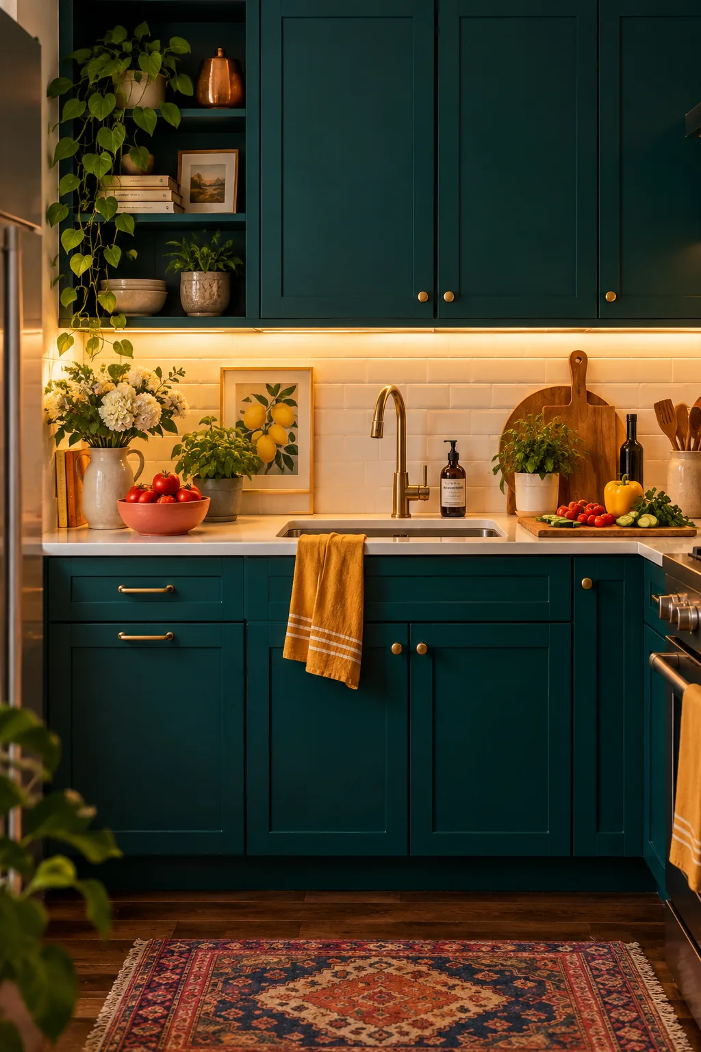 Bright LED strip lighting under upper kitchen cabinets illuminating the counter