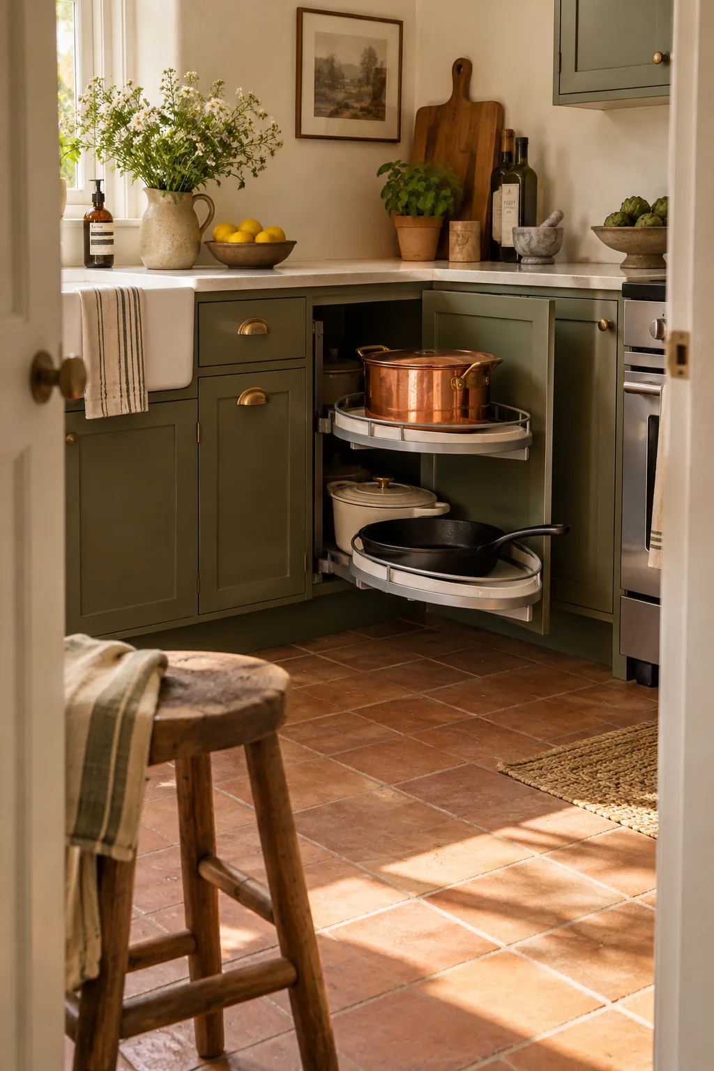 Open kitchen cabinet showing a curved pull-out kidney shelf organizing pots