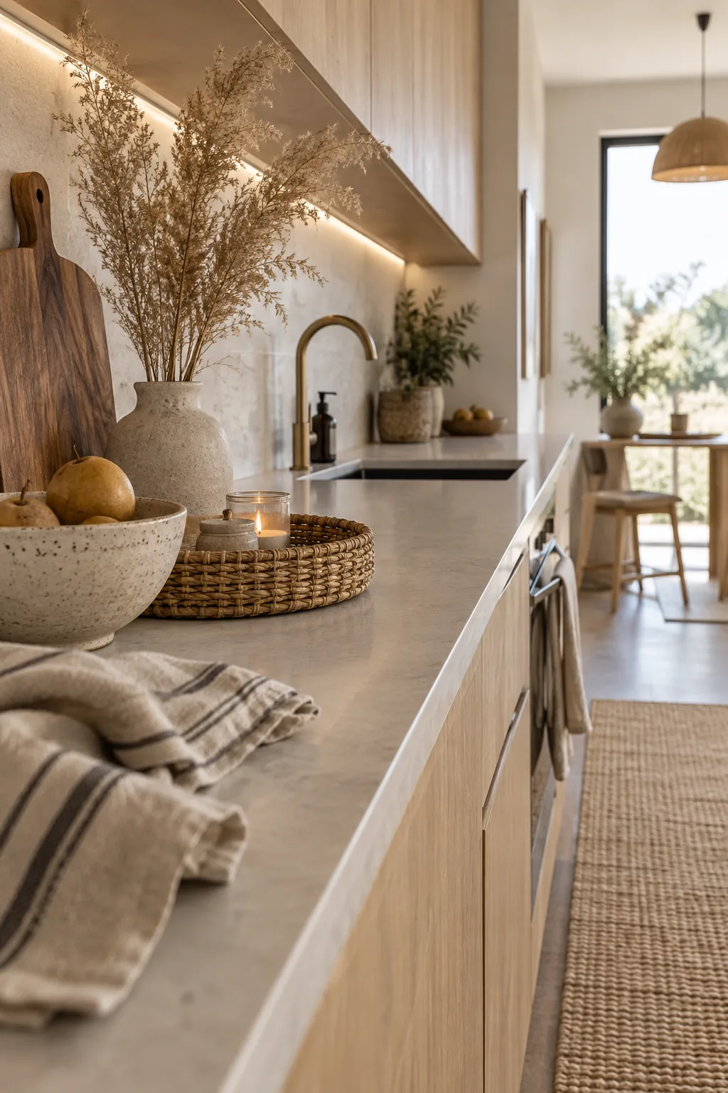 Modern kitchen counter styled with a wood cutting board and ceramic crock