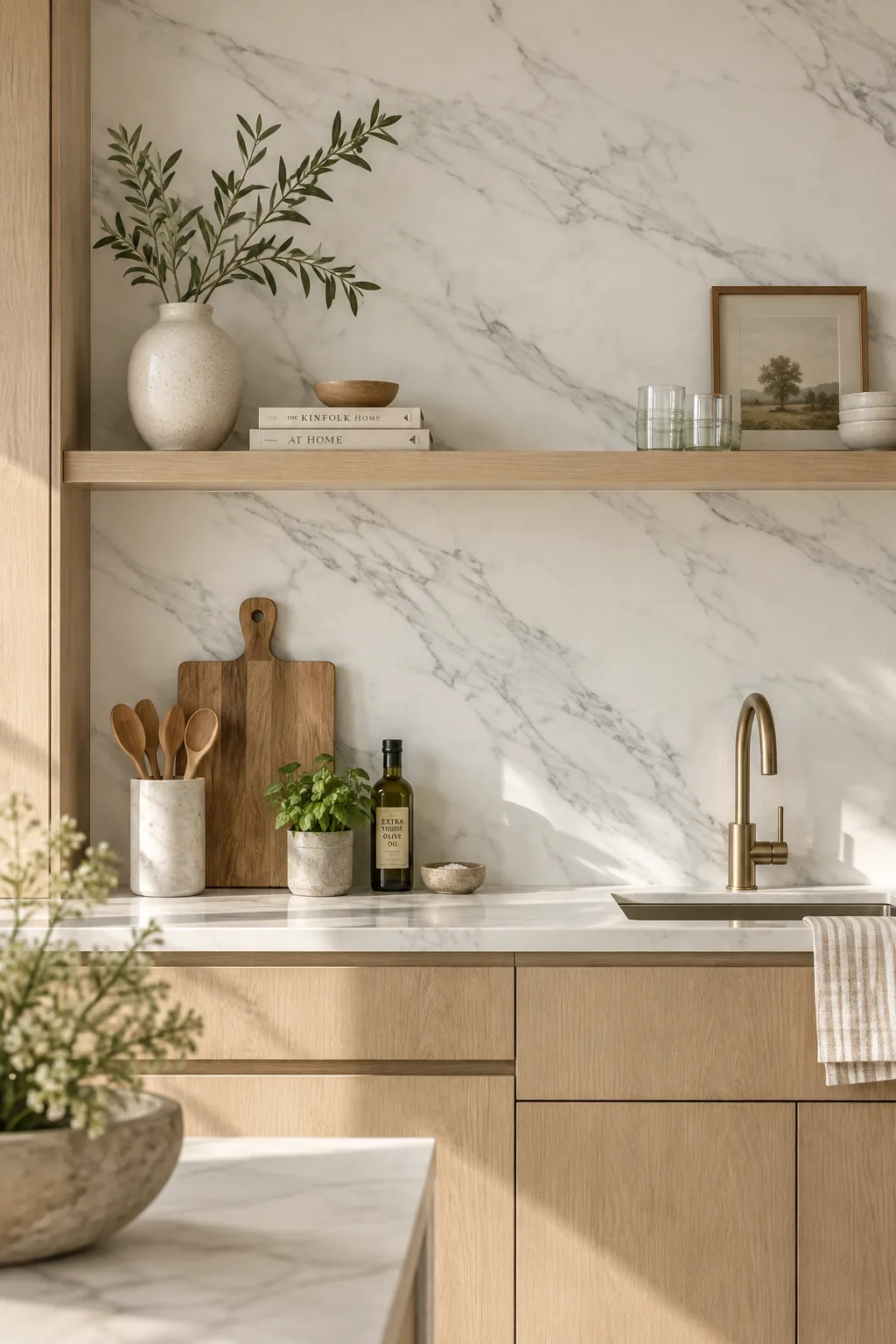 Kitchen with matching white quartz countertop and seamless slab backsplash
