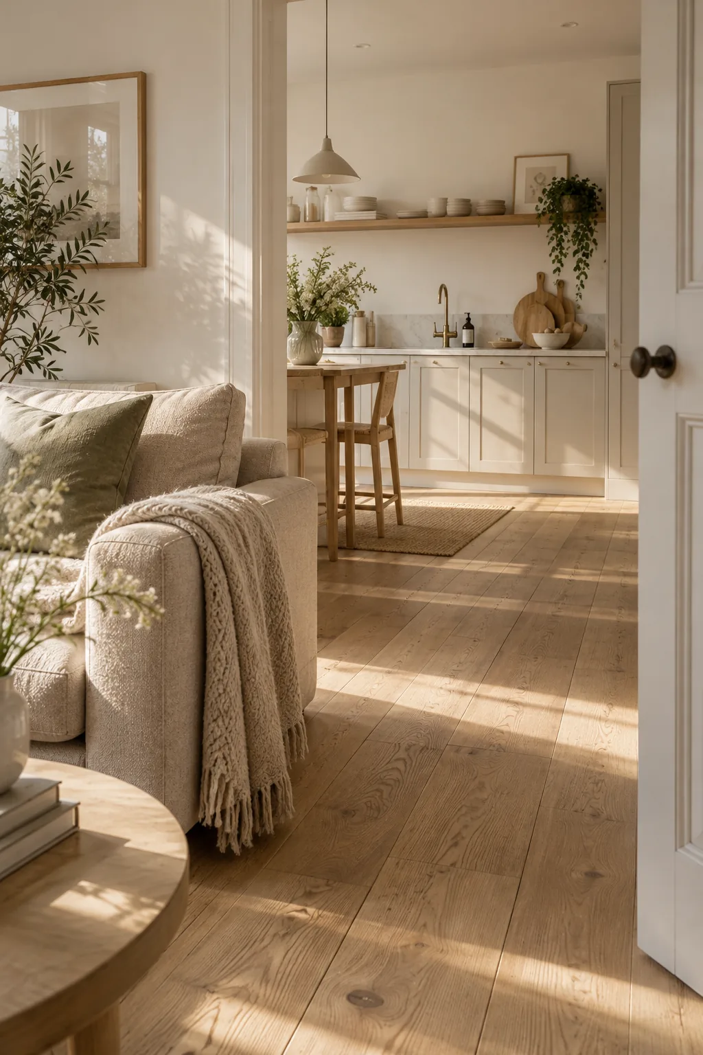 Continuous light oak hardwood flooring flowing from living room into kitchen