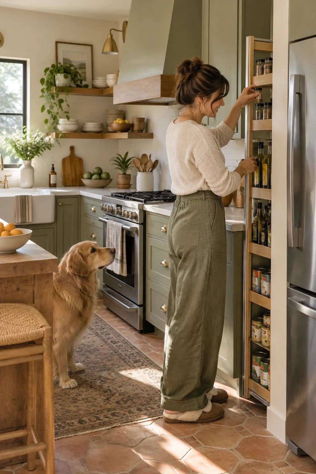 Narrow slide-out pantry cart pulled out from beside a refrigerator