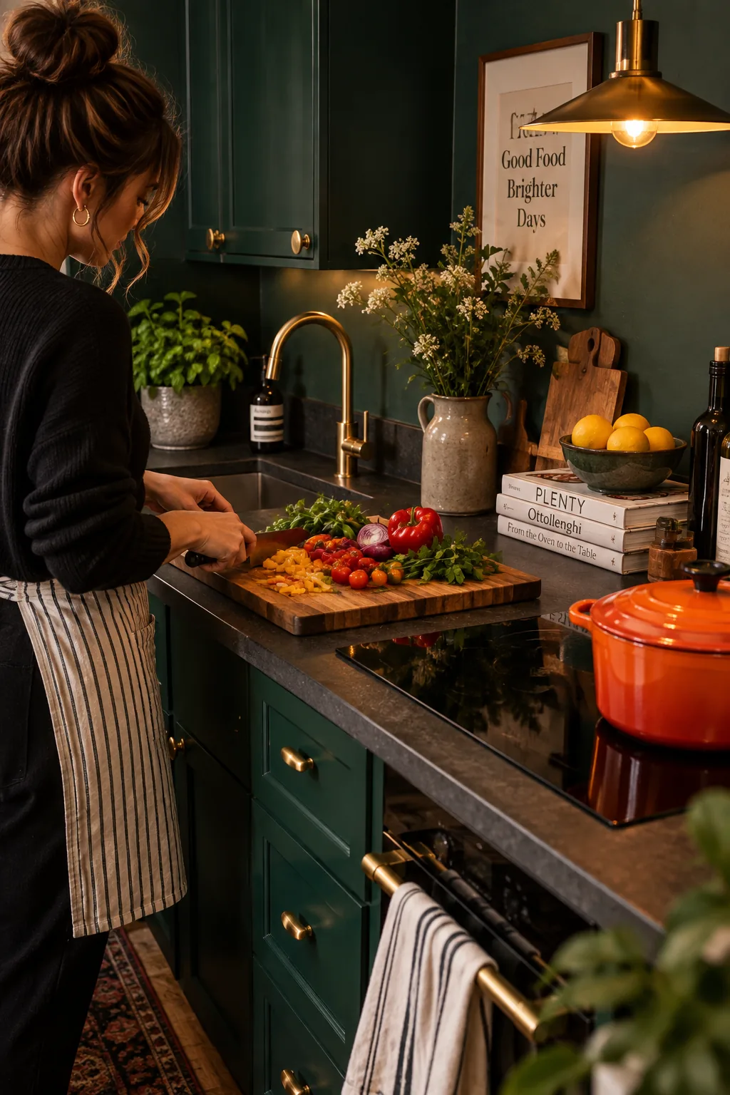 Flat black induction cooktop blending seamlessly into a dark quartz counter