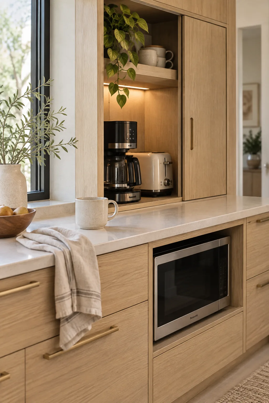 Kitchen island with a built-in microwave cubby keeping counters clear