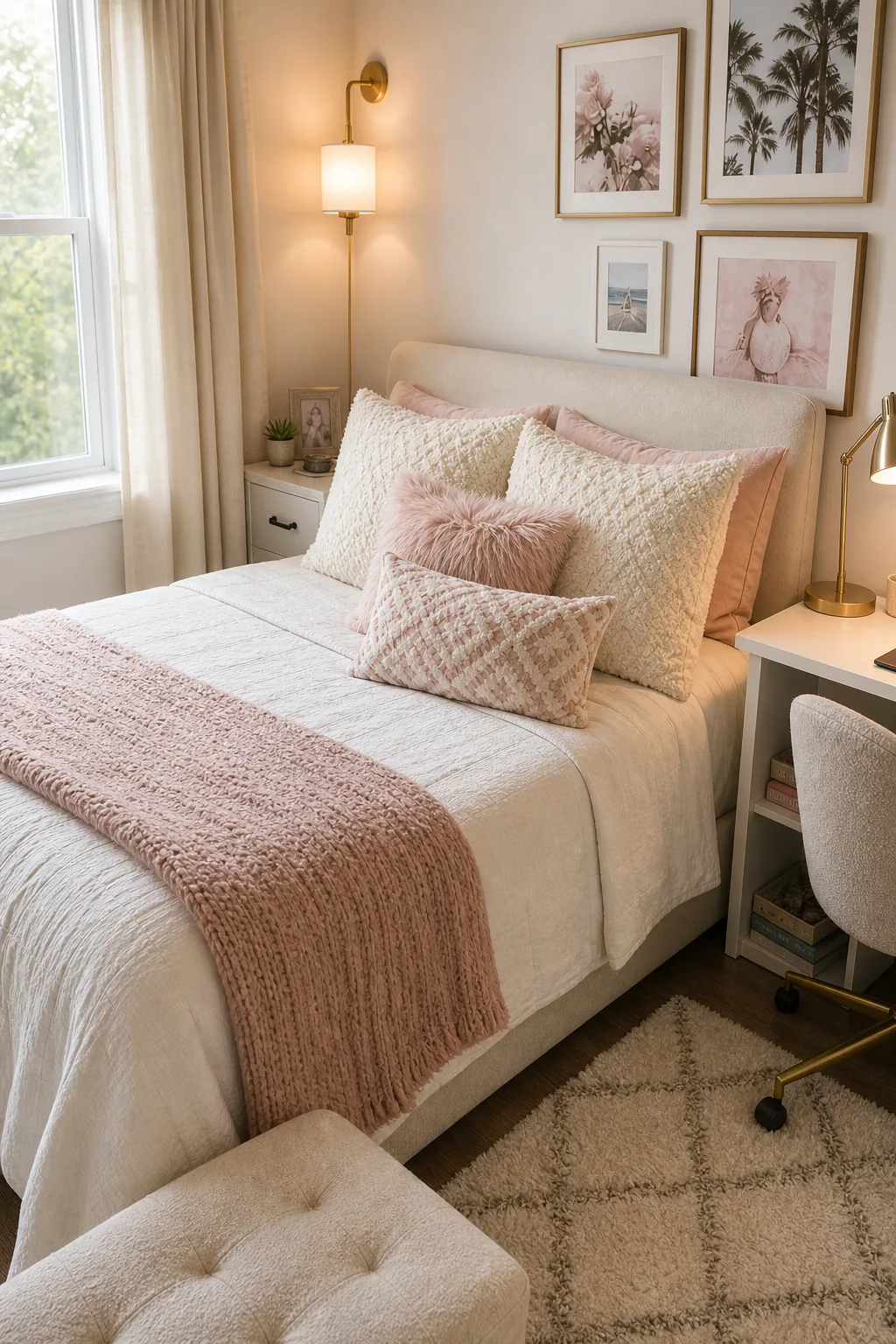 An upholstered bed styled with multiple textured cream and blush pink throw pillows.