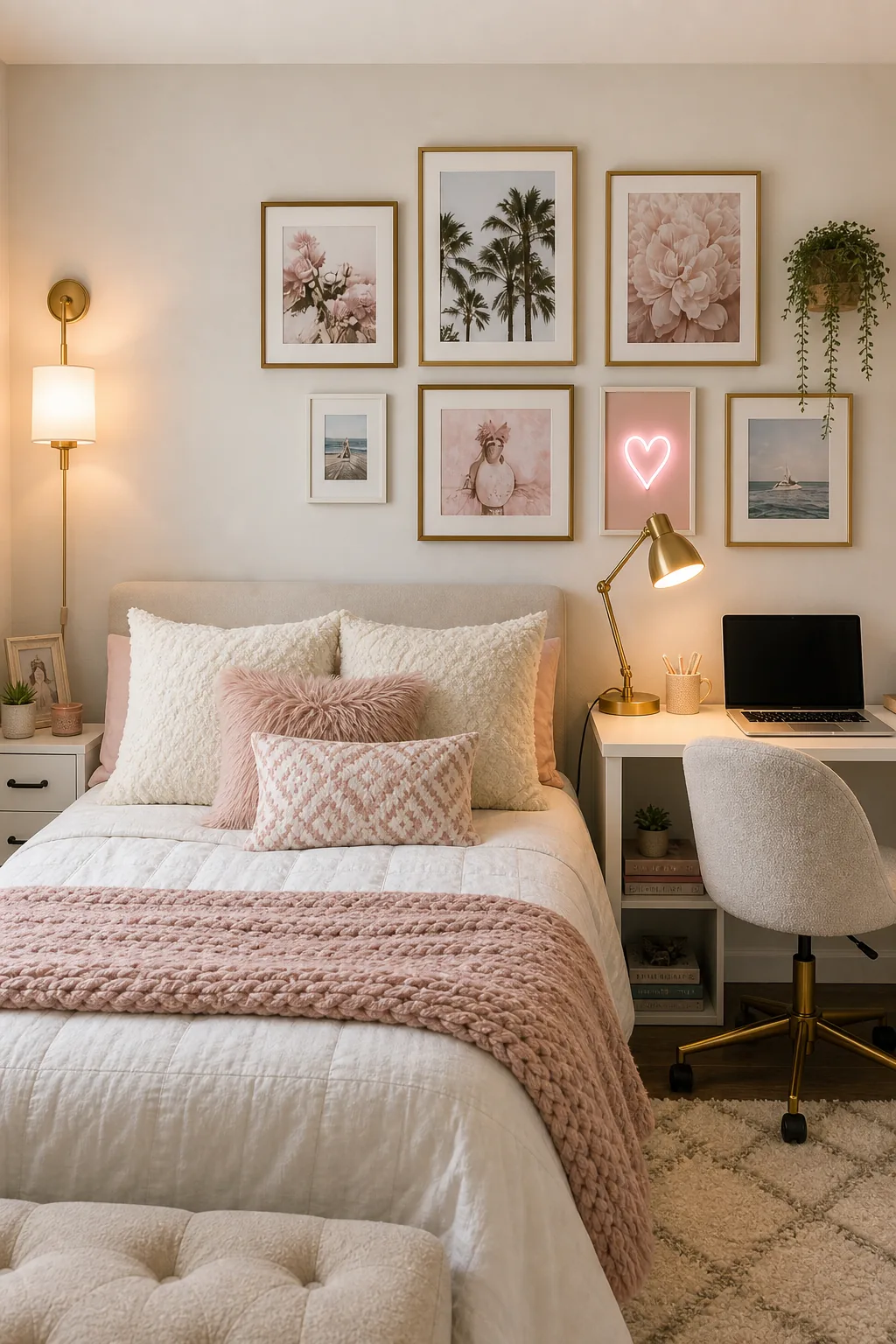 A neatly arranged gallery wall with gold frames and a pink neon heart above a bed.