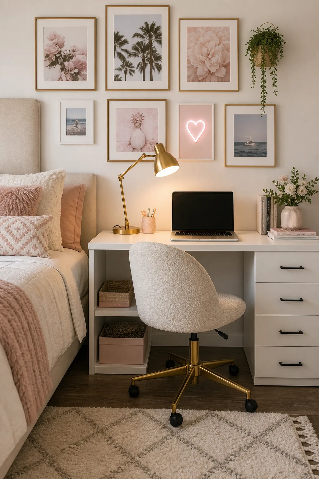 A white desk with a laptop, brass lamp, and a textured white swivel chair.