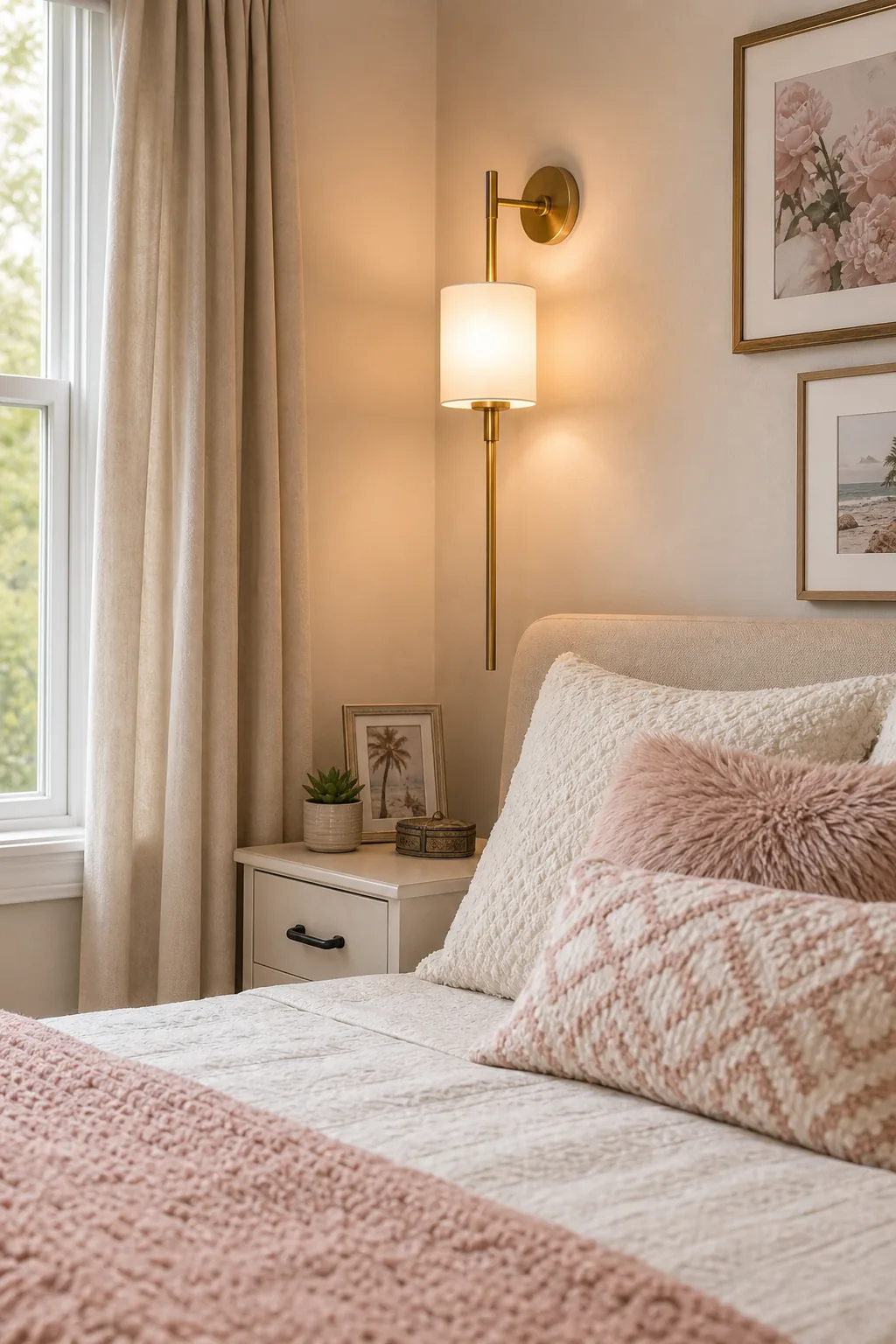 A glowing brass wall sconce mounted above a nightstand next to a bed.