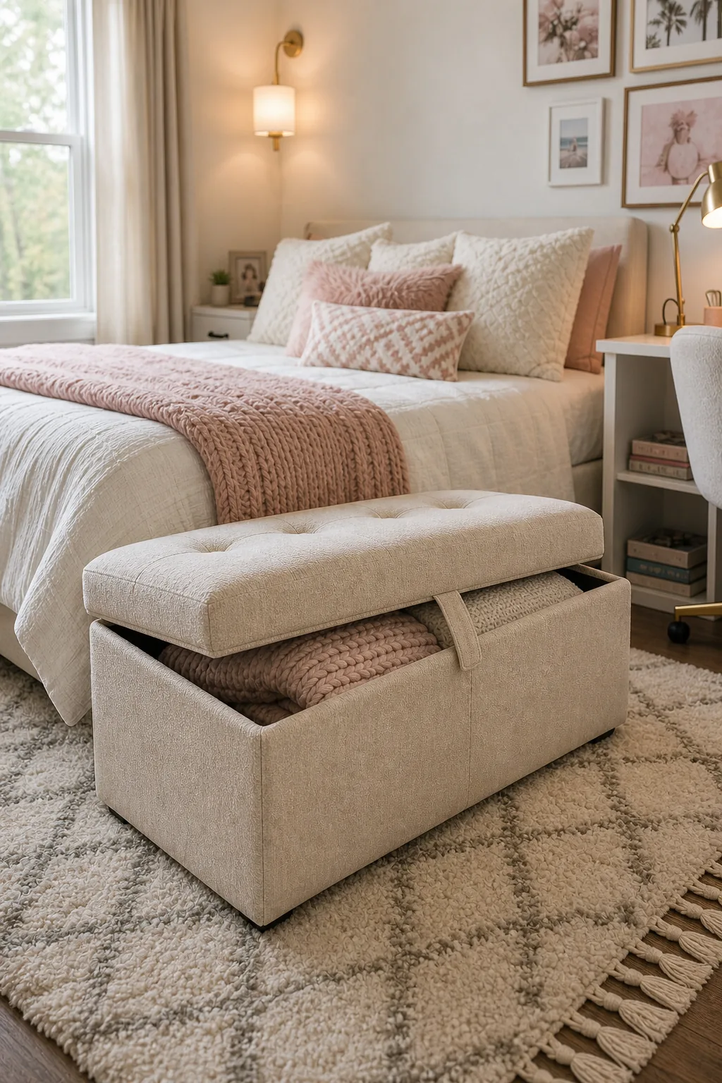 A beige tufted storage ottoman at the foot of a bed, slightly open to show blankets.