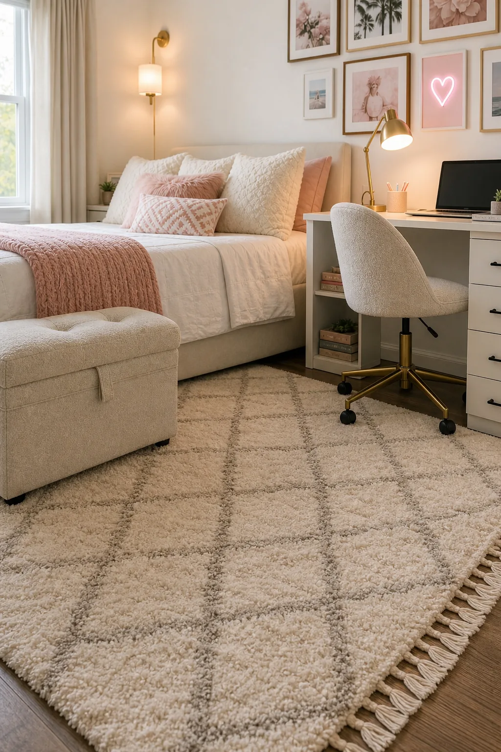 A textured cream area rug extending generously past the foot of a bed and ottoman.