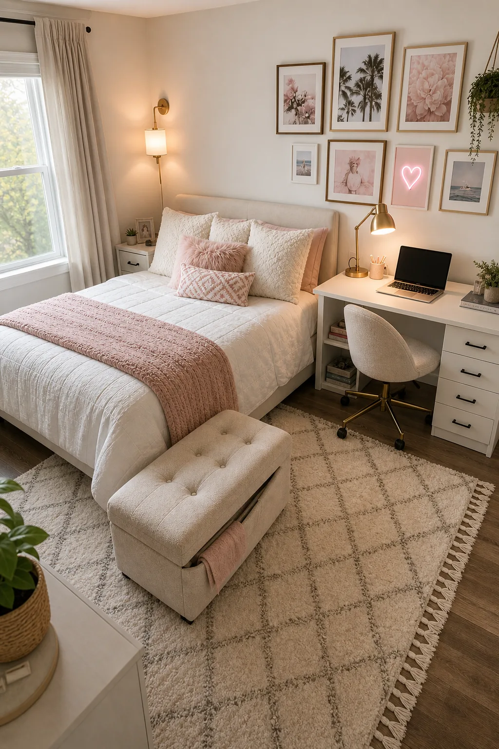 A clear walking pathway between a bed and a white desk chair.